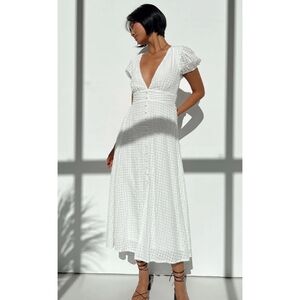 Petal + Pup white v-neck midi dress with puff sleeves